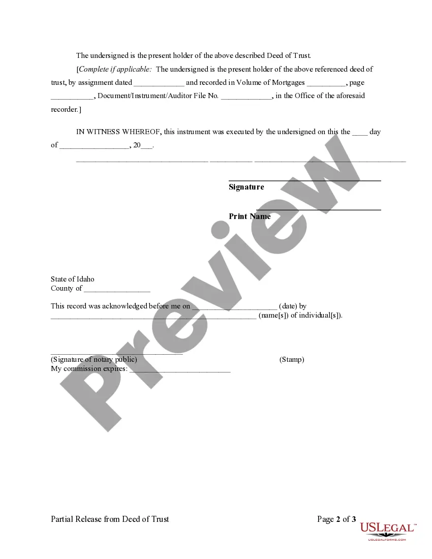 Preview Partial Release of Property From Deed of Trust for Individual
