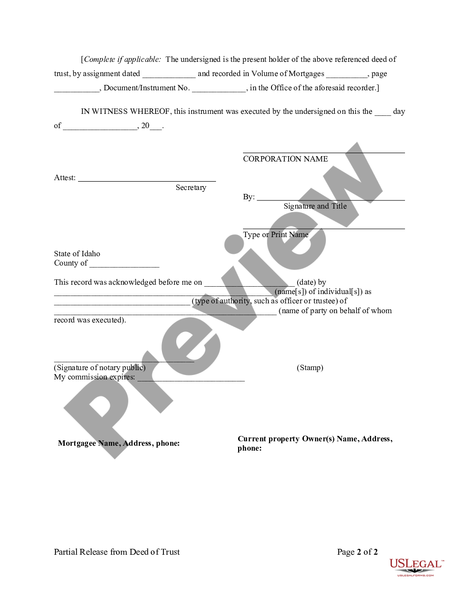 form Partial Release of Property From Deed of Trust for Corporation preview