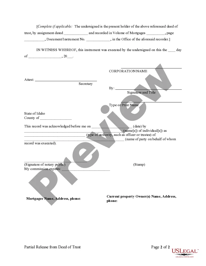 Preview Partial Release of Property From Deed of Trust for Corporation