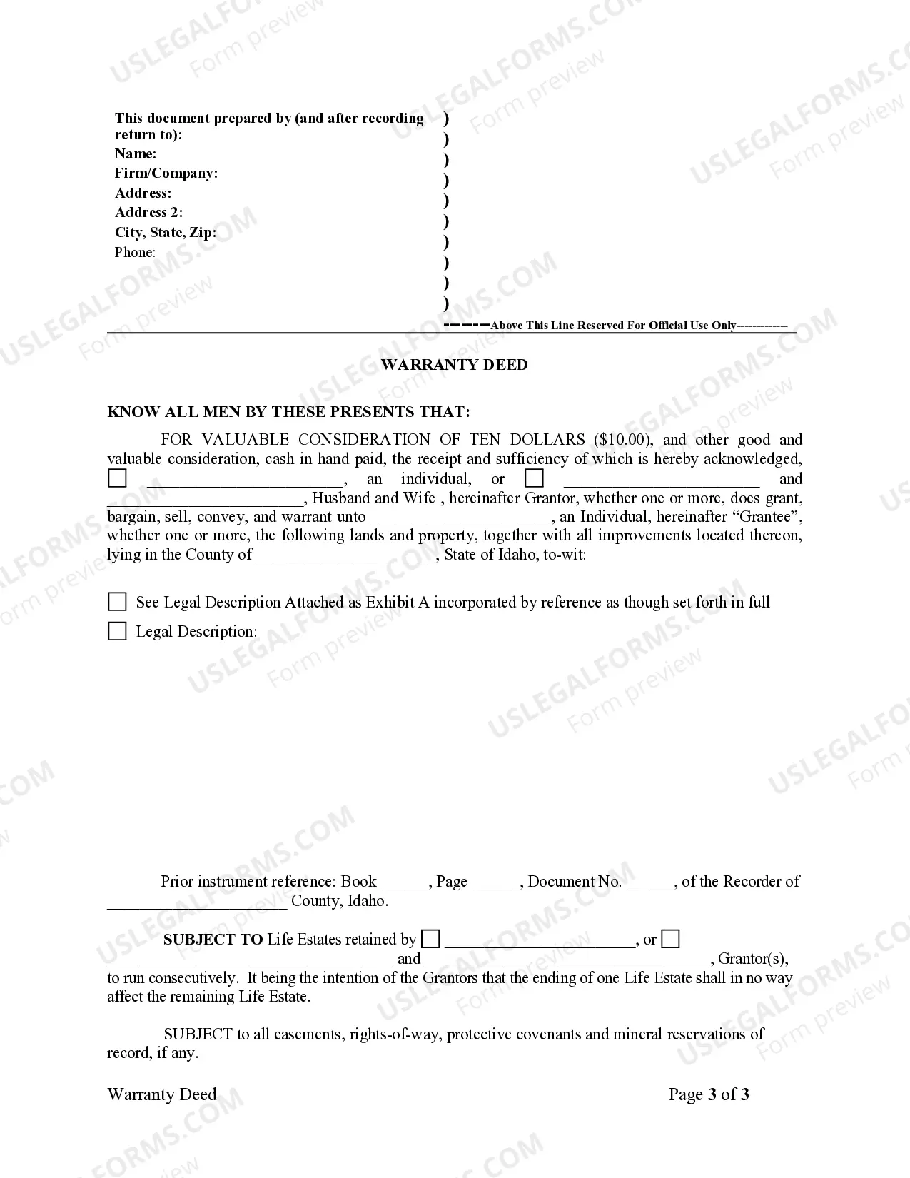 Preview Warranty Deed for Parents to Child with Reservation of Life Estate