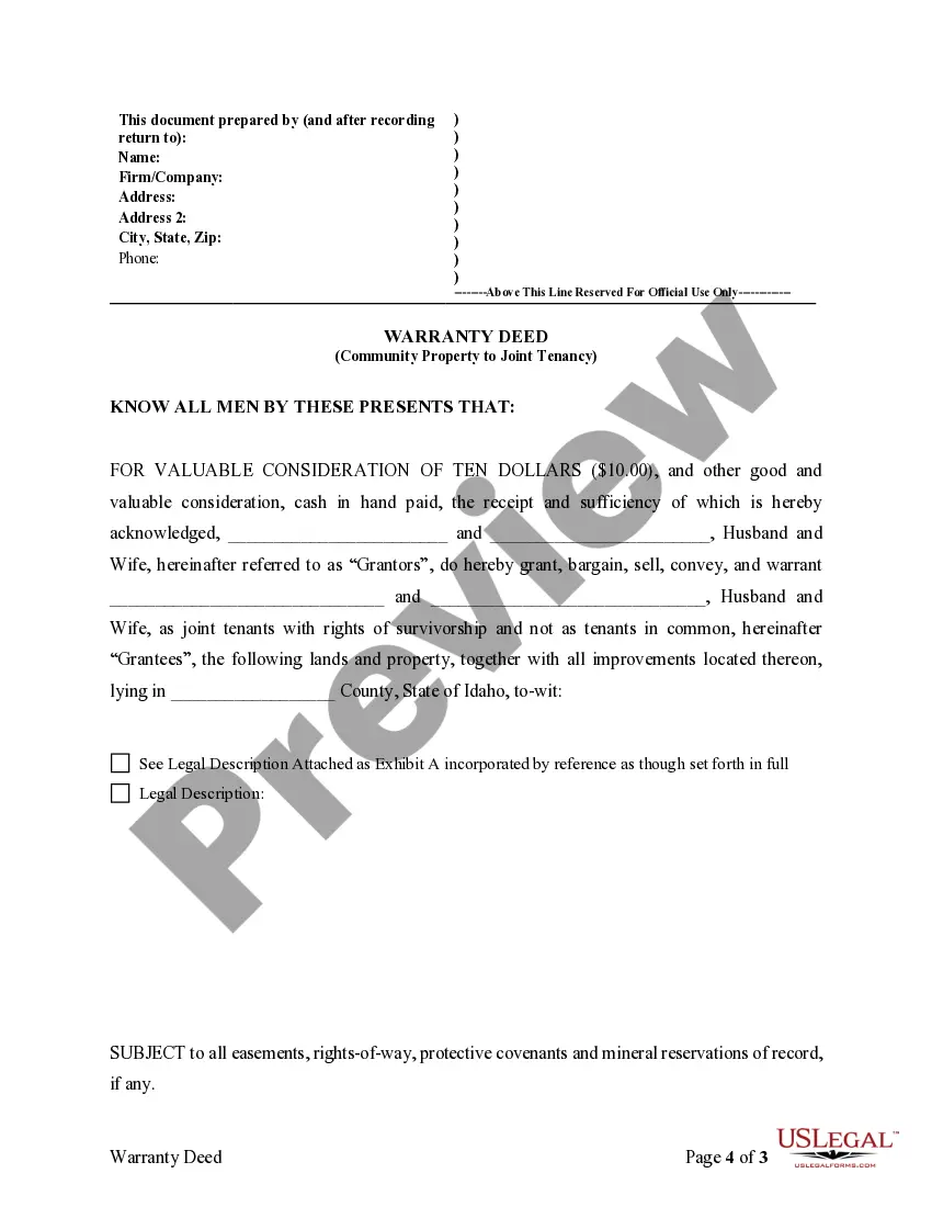 Preview Warranty Deed for Conversion of Community Property to Joint Tenancy