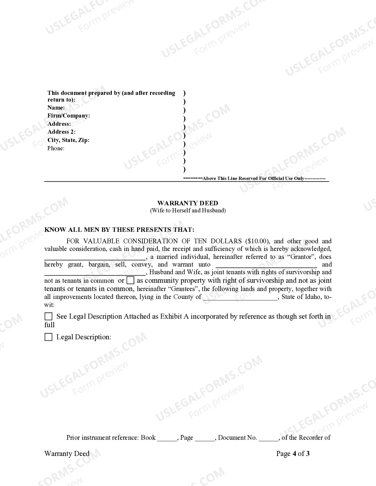 Preview Warranty Deed to Separate Property of One Spouse to Both Spouses as Joint Tenants