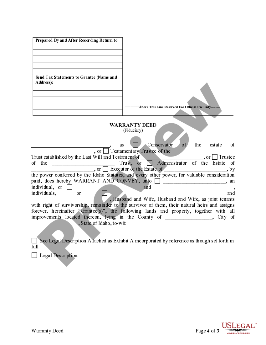 Idaho Fiduciary Deed for use by Executors, Trustees, Trustors