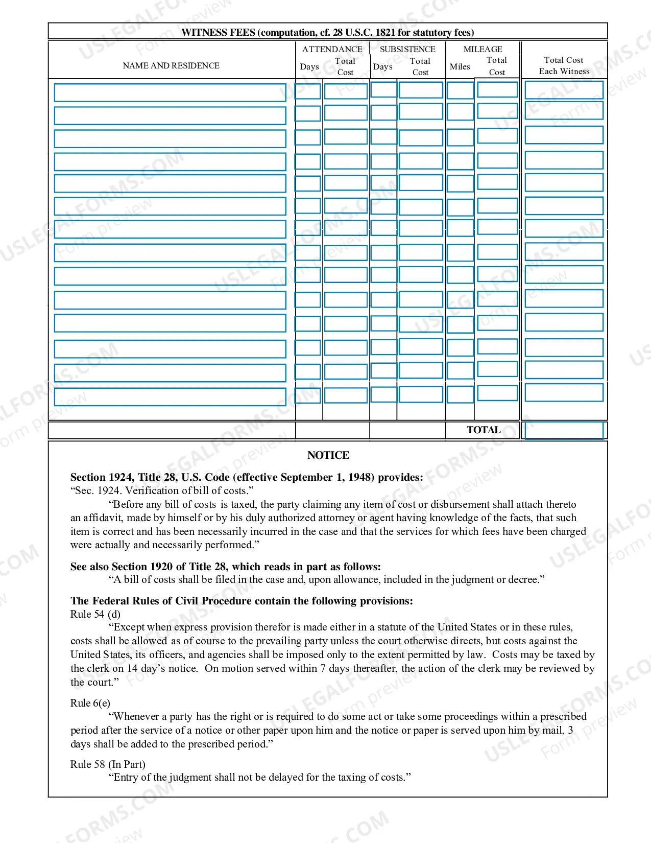 Preview Bill of Costs