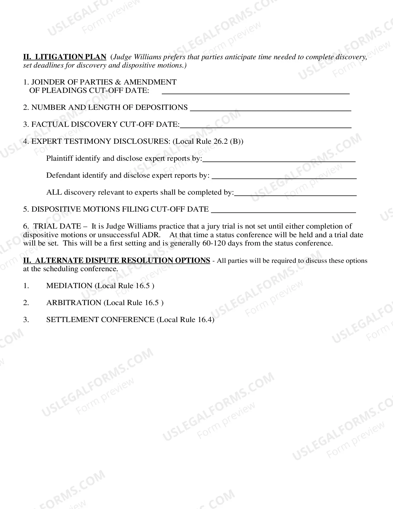 Preview Scheduling Conference Form-Litigation Plan-Alternate Dispute Resolution Options (Judge Williams)
