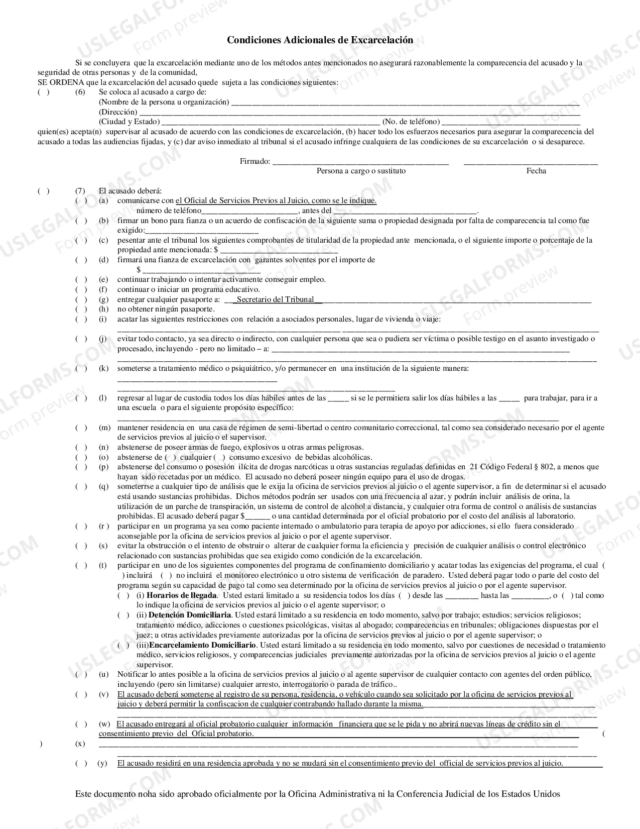 Preview Order Setting Conditions of Release