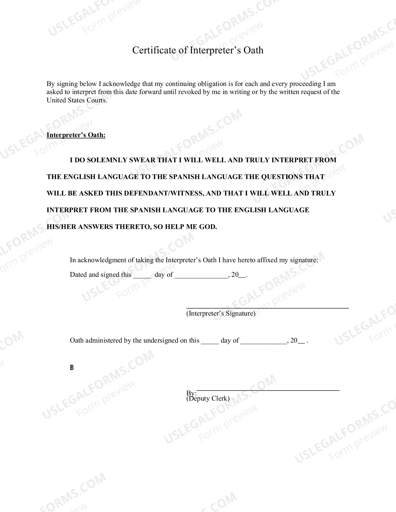 Preview Certificate of Interpreter Oath