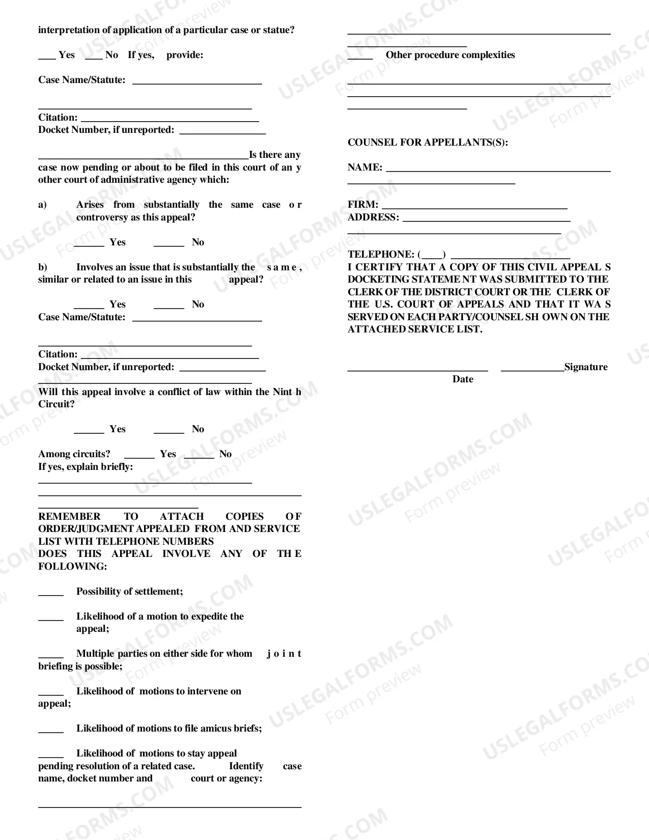 Preview Civil Appeals Docketing Statement