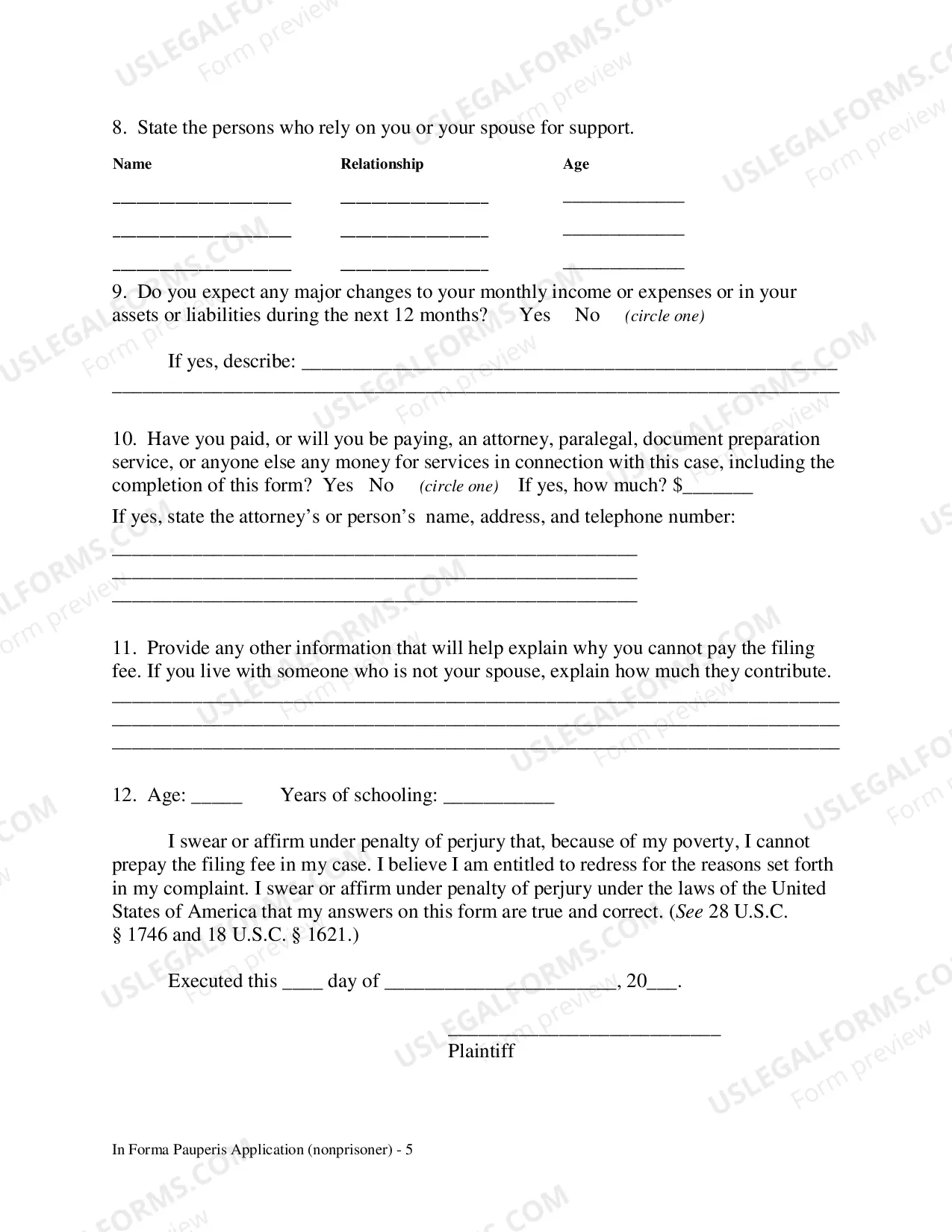 Preview In Forma Pauperis Application (Non Prisoner)