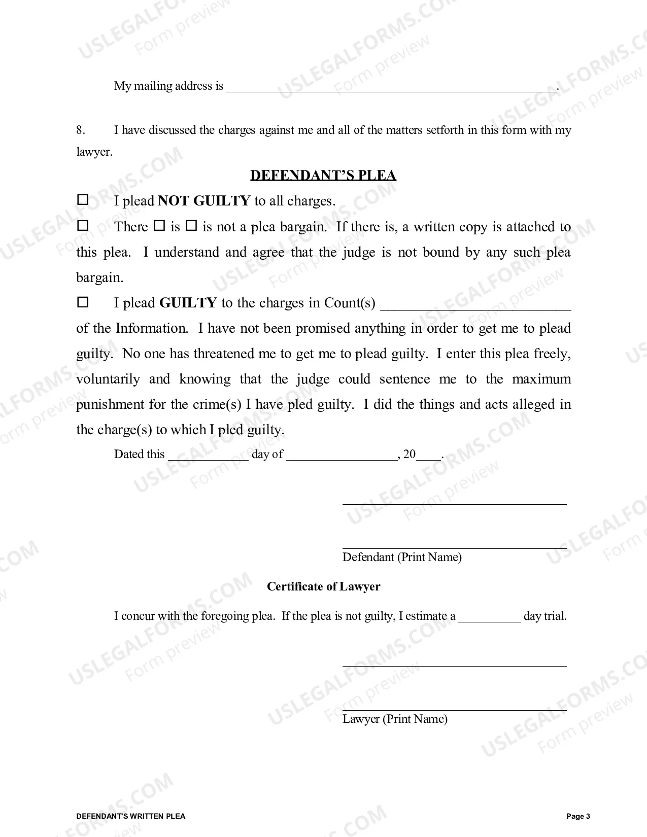 Preview Defendants Written Plea (Criminal)