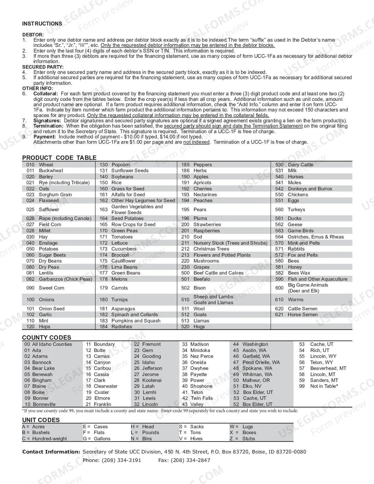 Preview Farm Products Financing Statement
