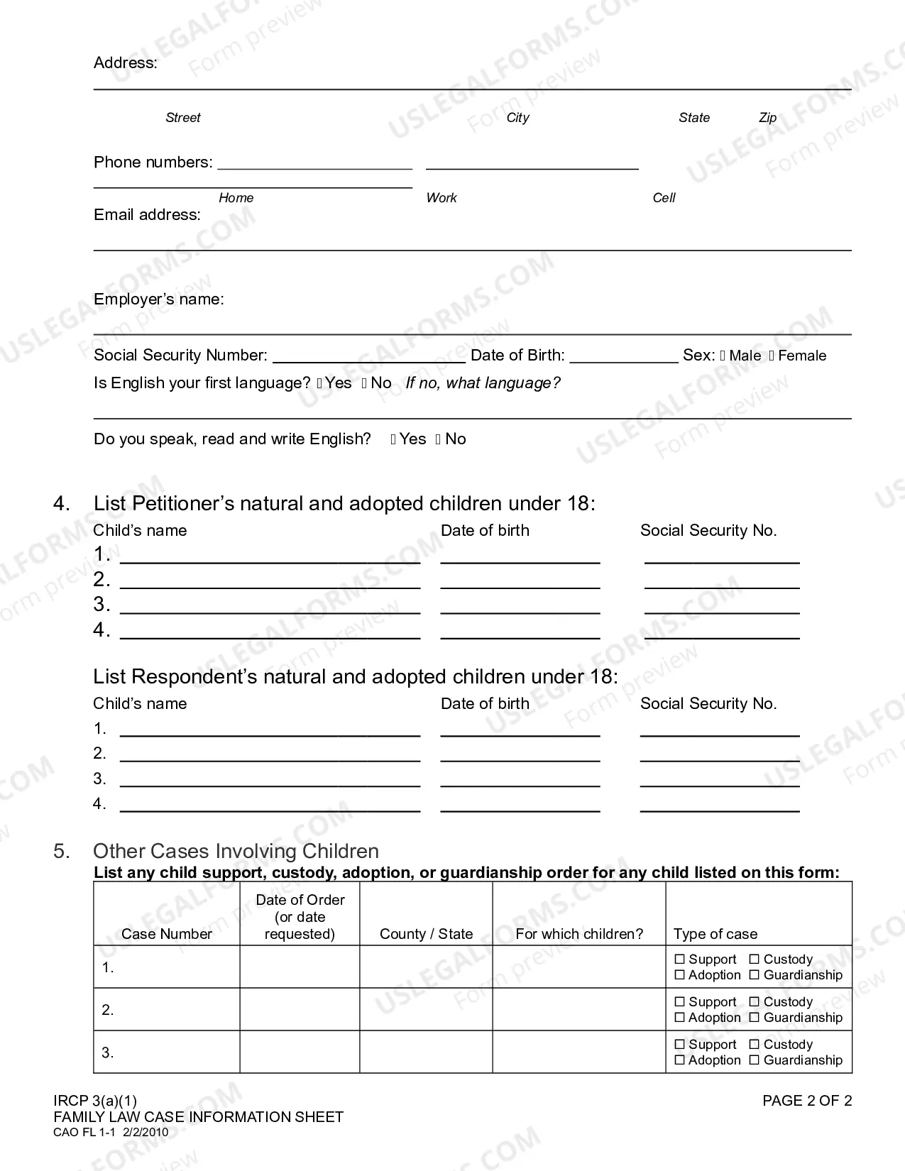 Preview Family Law Case Information Sheet