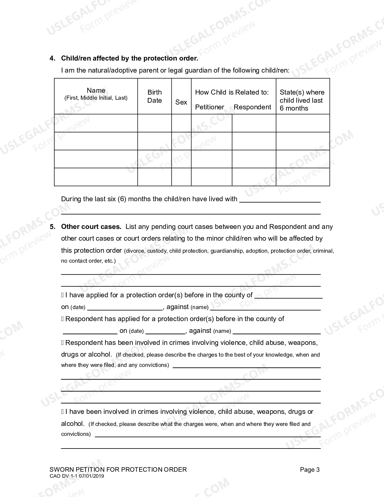 Preview Sworn Petition For Protection Order
