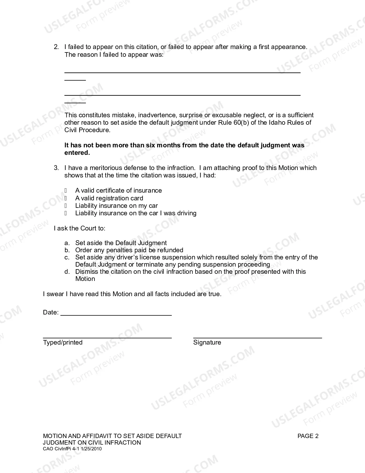 Preview Motion and Affidavit to Set Aside Default Judgment on Civil Infraction