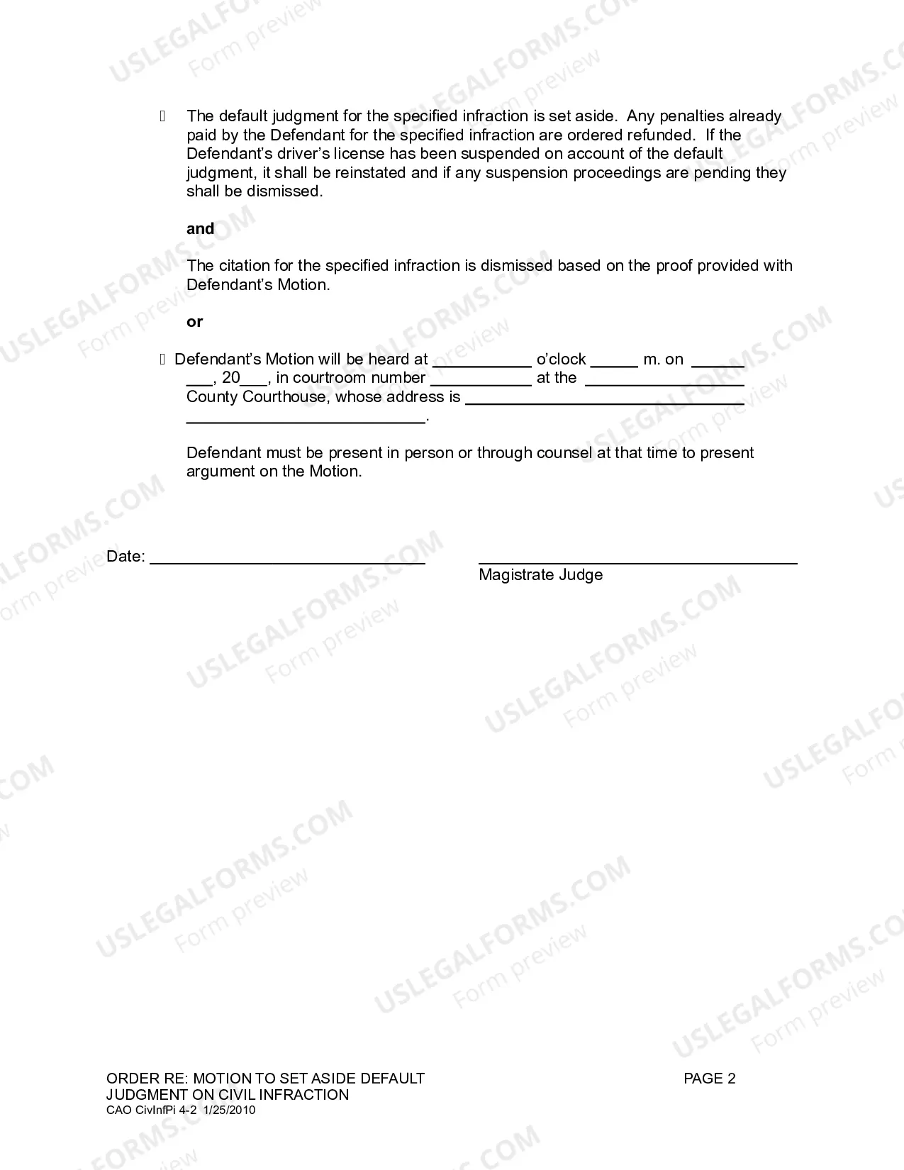 Preview Order on Motion to Set Aside Default Judgment on Civil Infraction