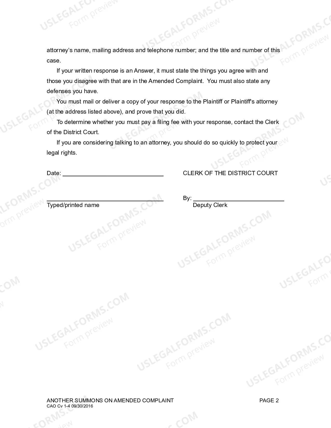 Preview Another Summons On Amended Complaint