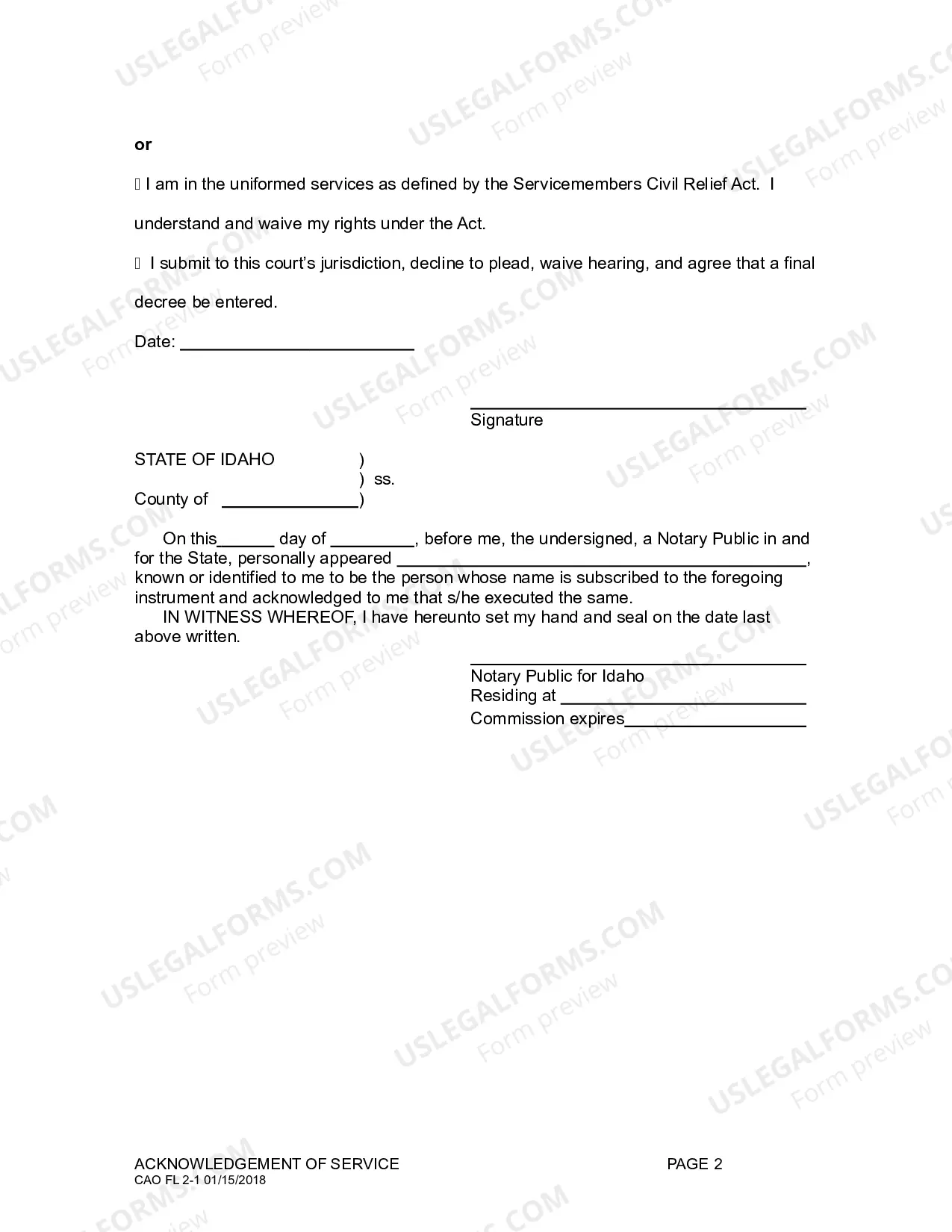 Preview Acknowledgment of Service