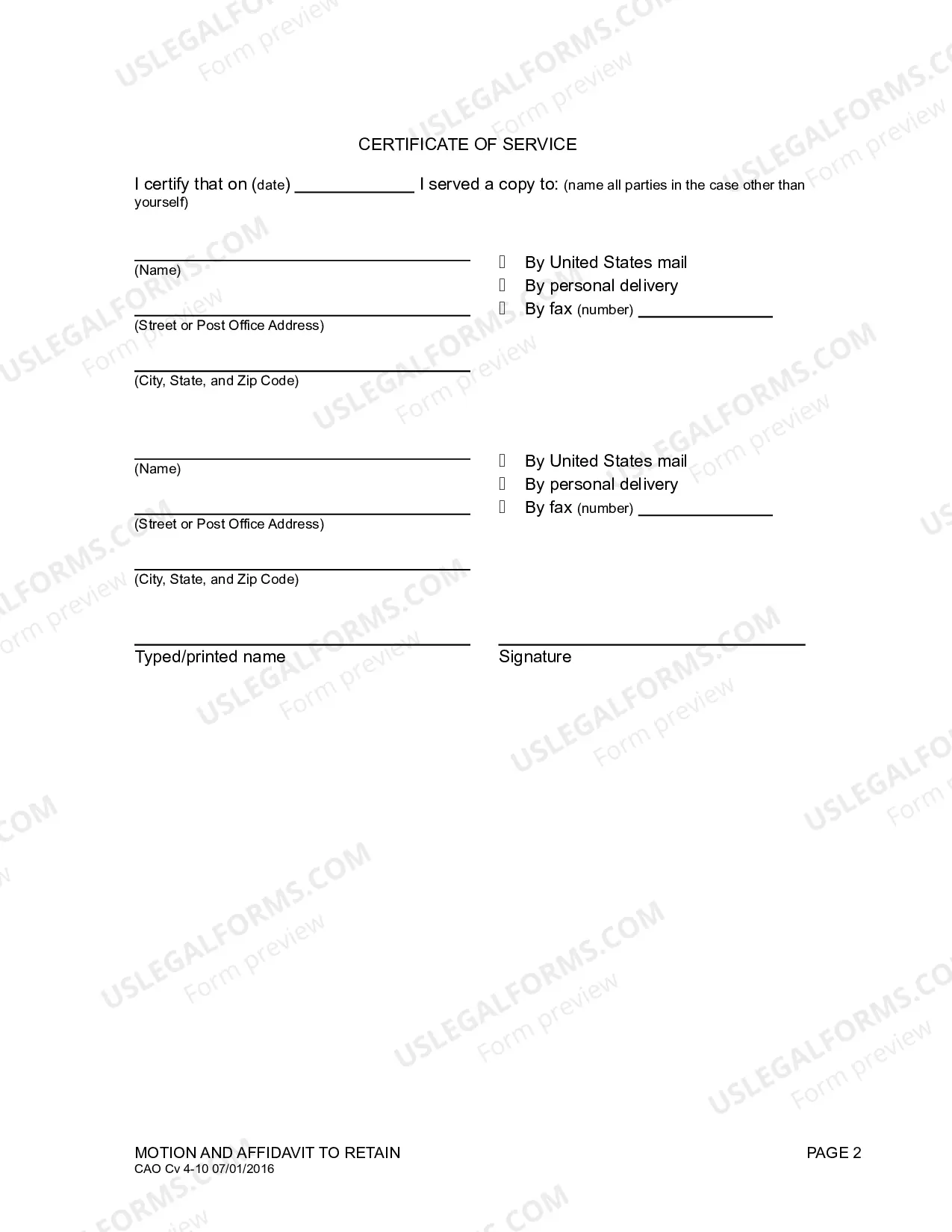 Preview Motion and Affidavit to Retain