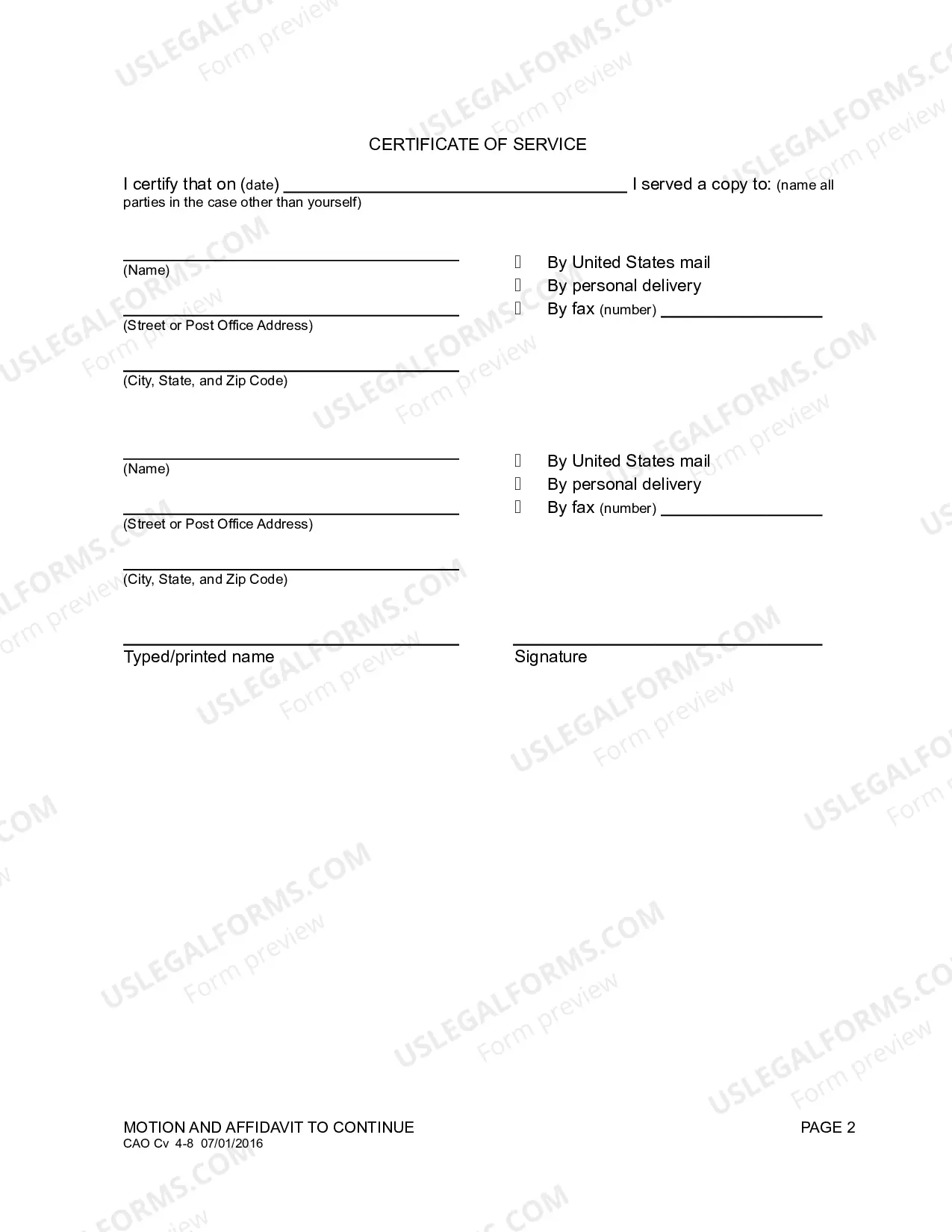 Preview Motion and Affidavit for Continuance