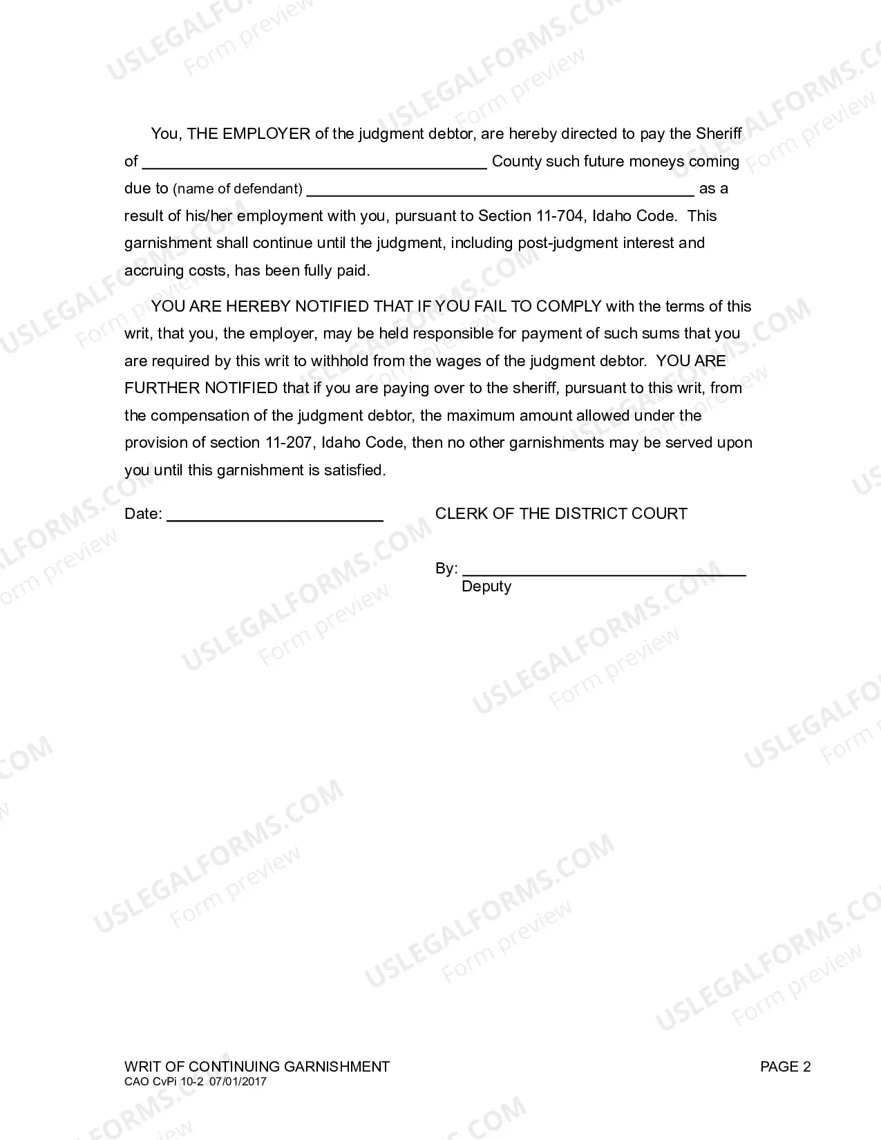 Preview Writ of Continuing Garnishment Not Small Claims
