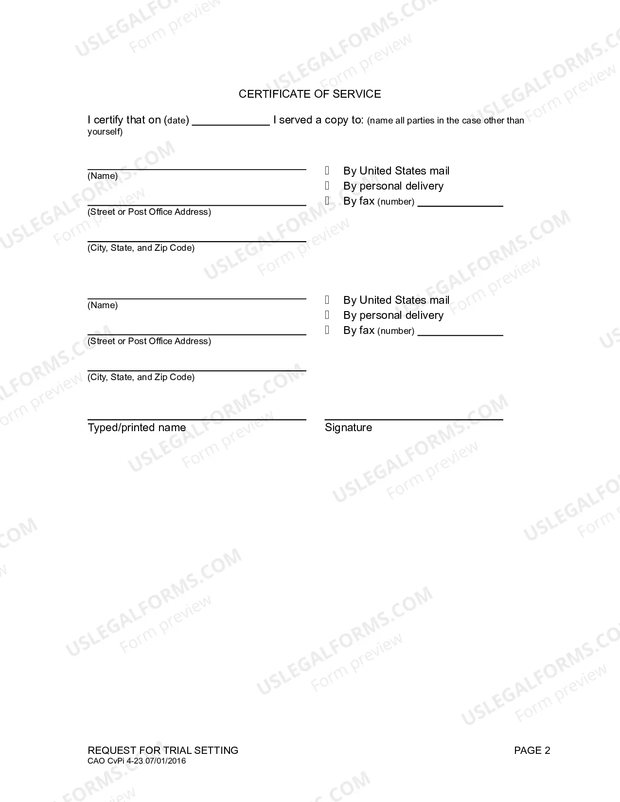 Preview Request for Trial Setting