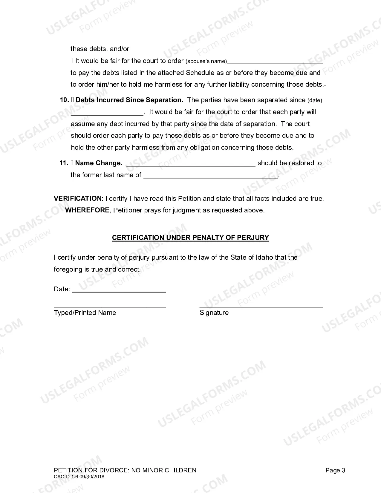 Preview Complaint for Divorce (No Children)