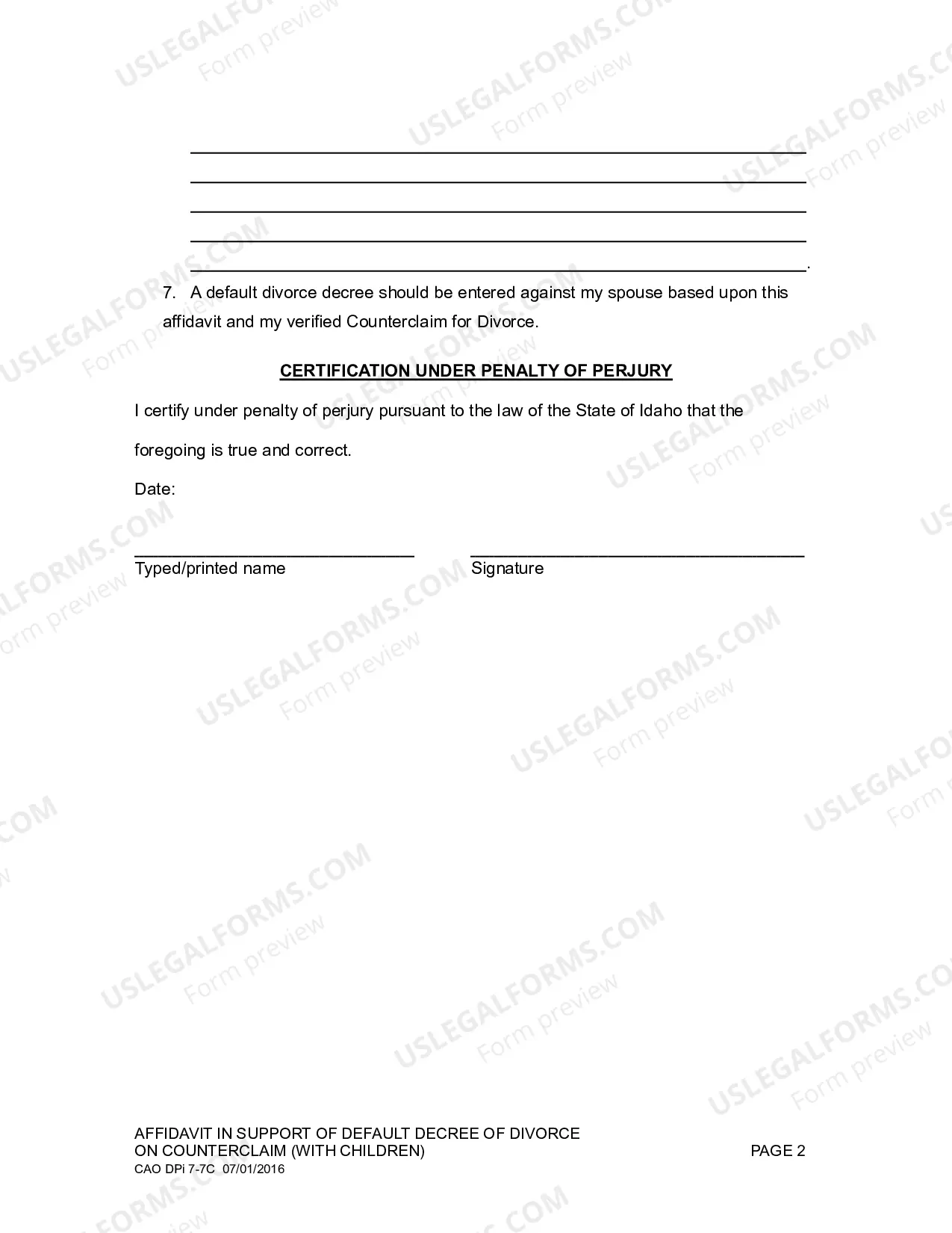 Preview Affidavit in Support of Default Decree on Counterclaim (With Children)