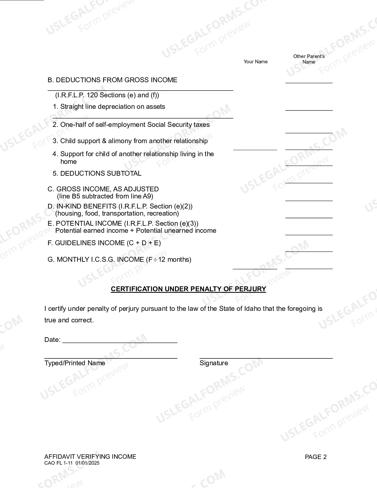 Preview Affidavit Verifying Income