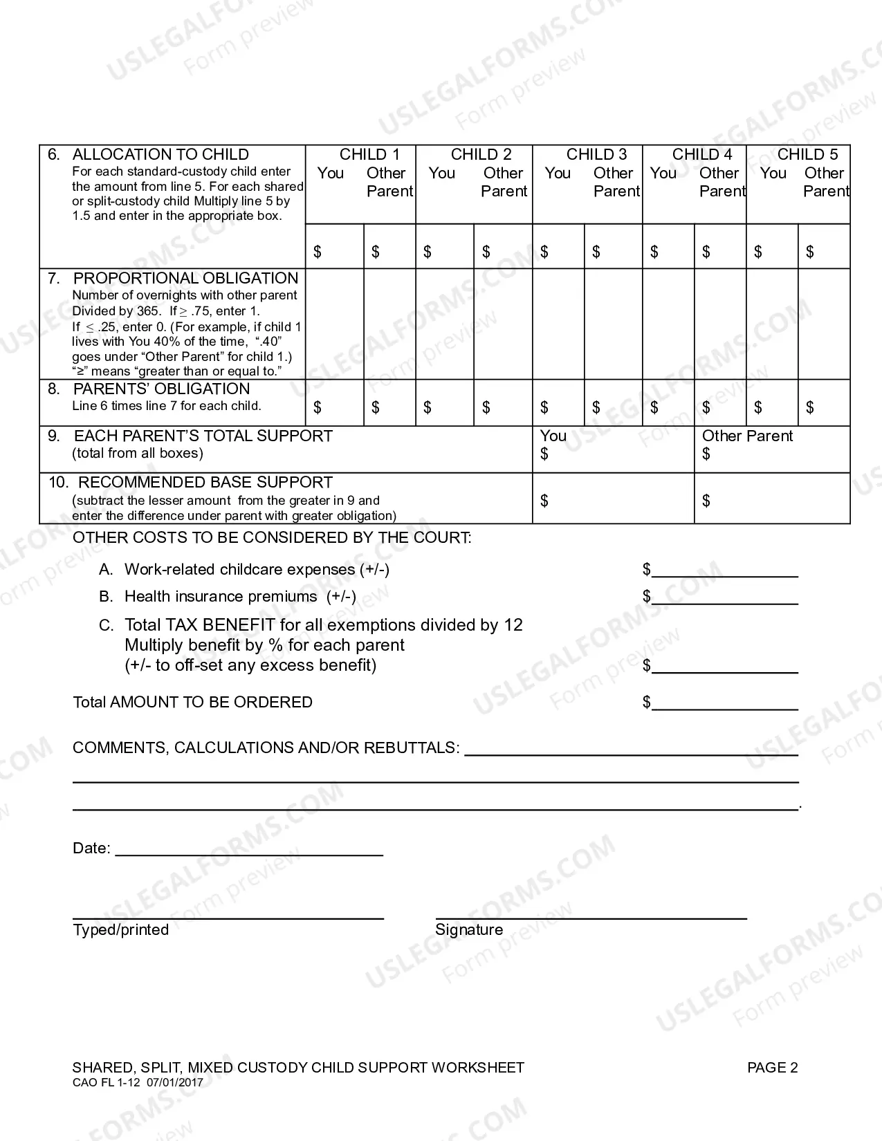 Preview Shared or Split Custody CS Worksheet