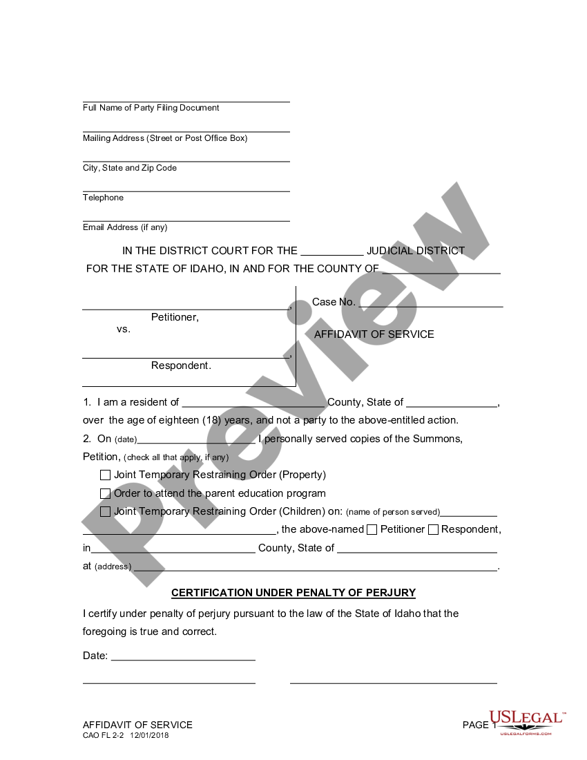 Idaho Affidavit Of Service With Orders Us Legal Forms 4547