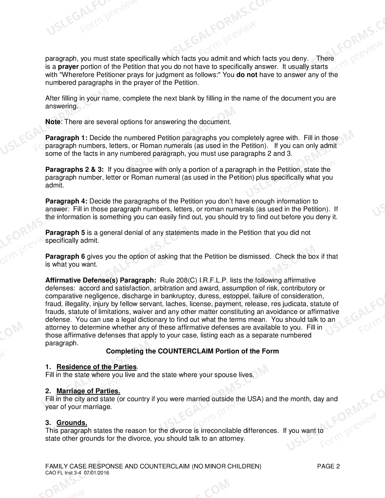 Preview Completing Family Case Answer and Counterclaim (No Children)
