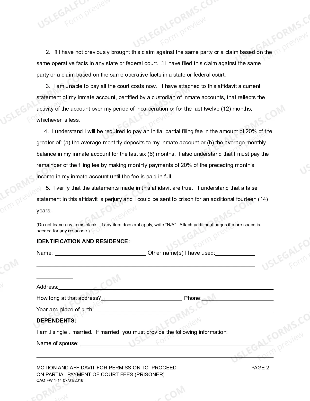 Preview Partial Fee Motion Affidavit Prisoner