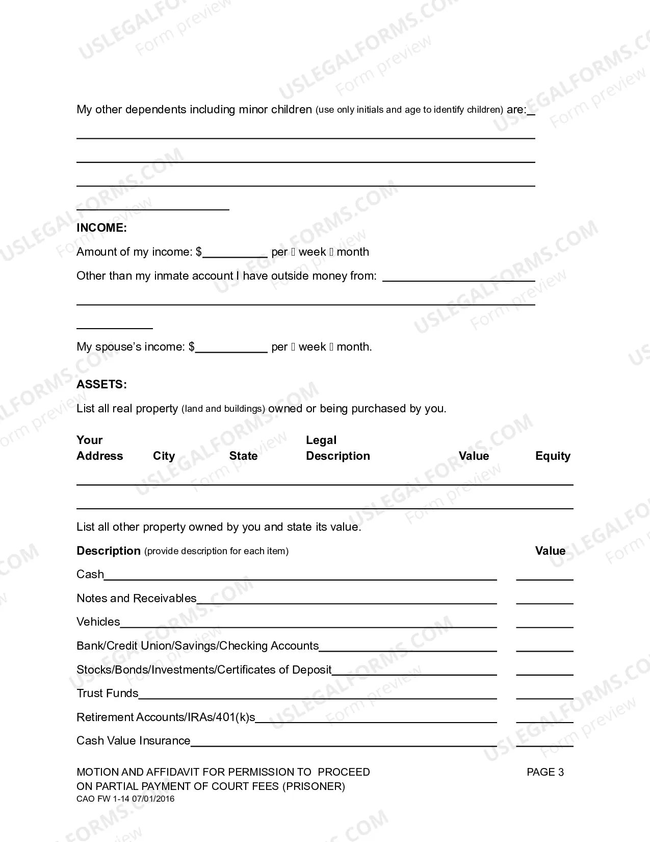 Preview Partial Fee Motion Affidavit Prisoner