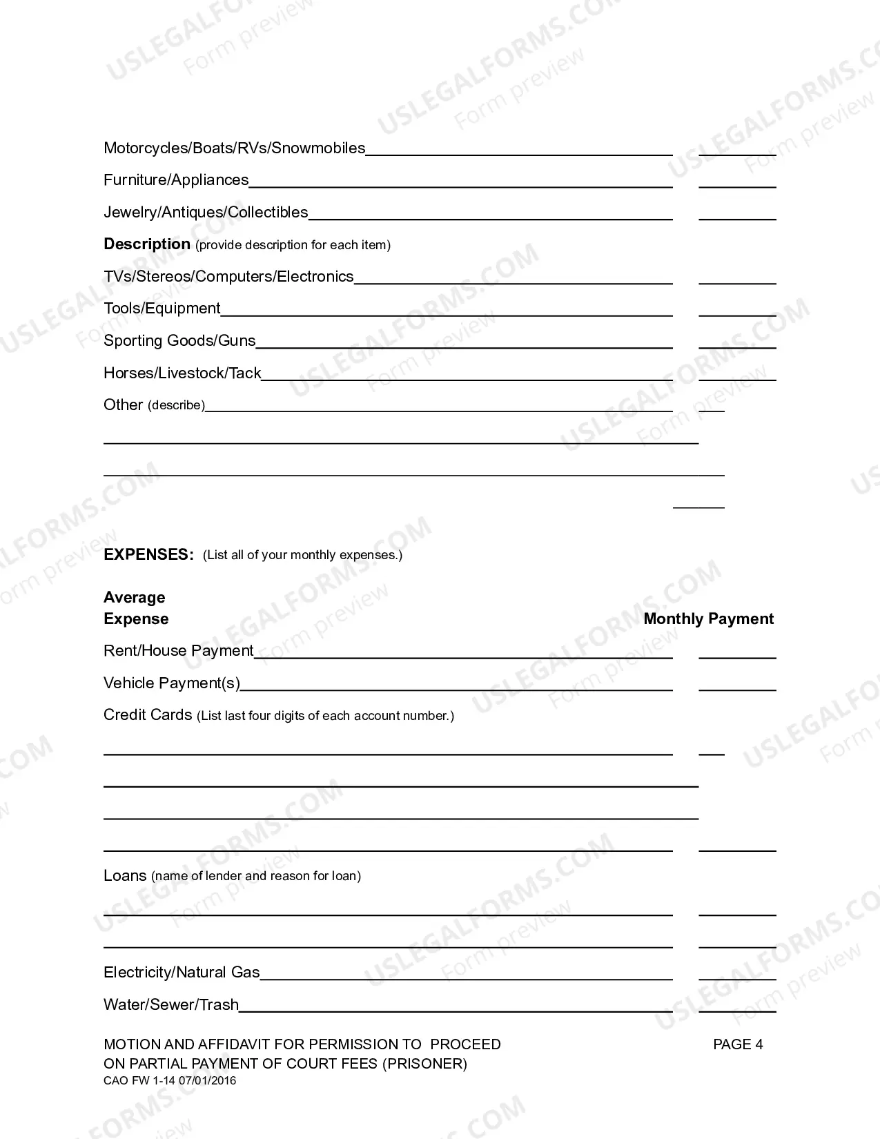 Preview Partial Fee Motion Affidavit Prisoner