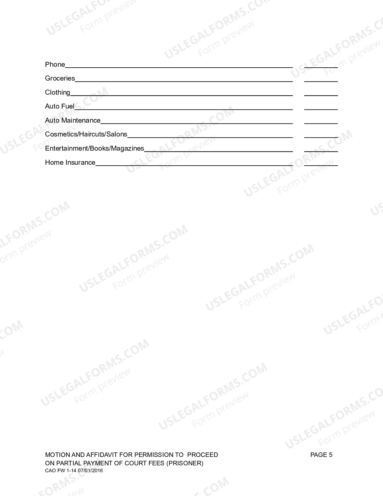 Preview Partial Fee Motion Affidavit Prisoner