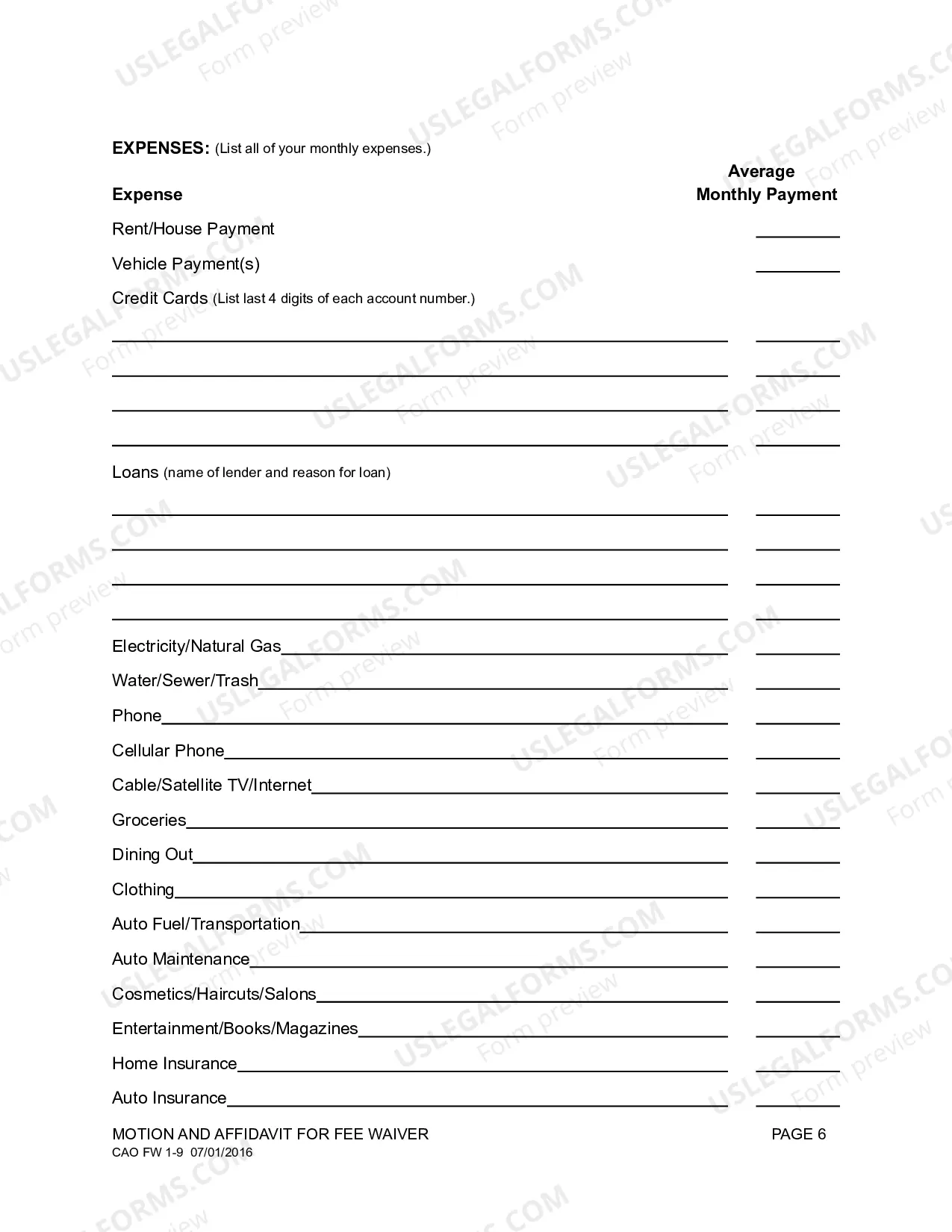 Preview Fee Waiver Motion Affidavit