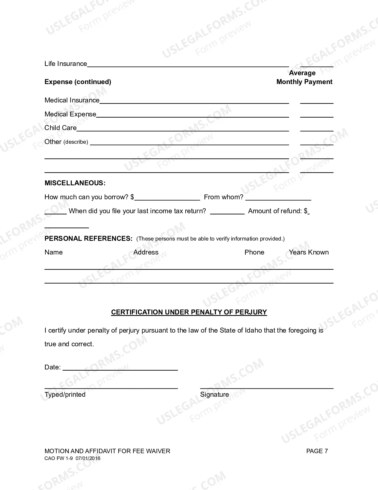 Preview Fee Waiver Motion Affidavit