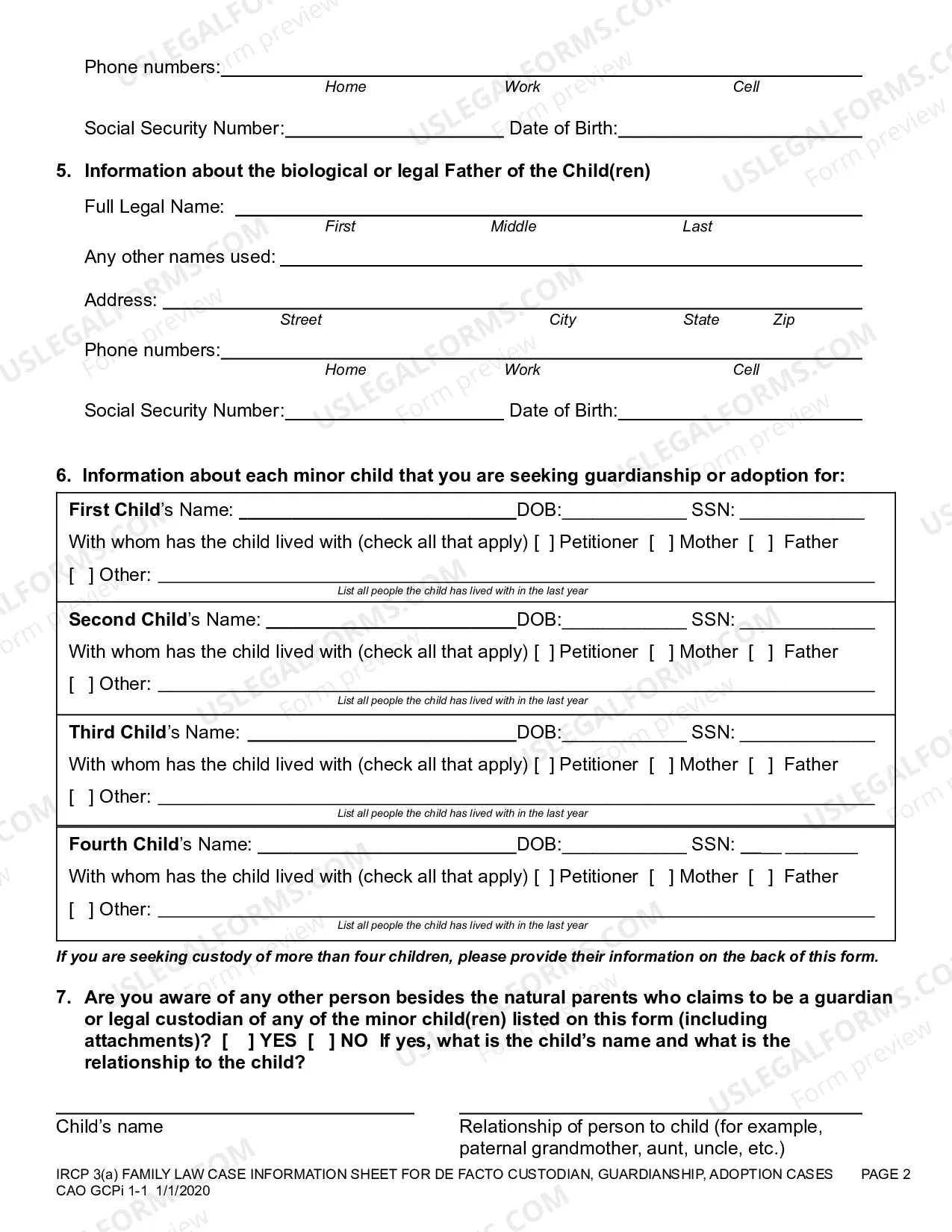 Preview Family Law Case Information Sheet De Facto Custodian