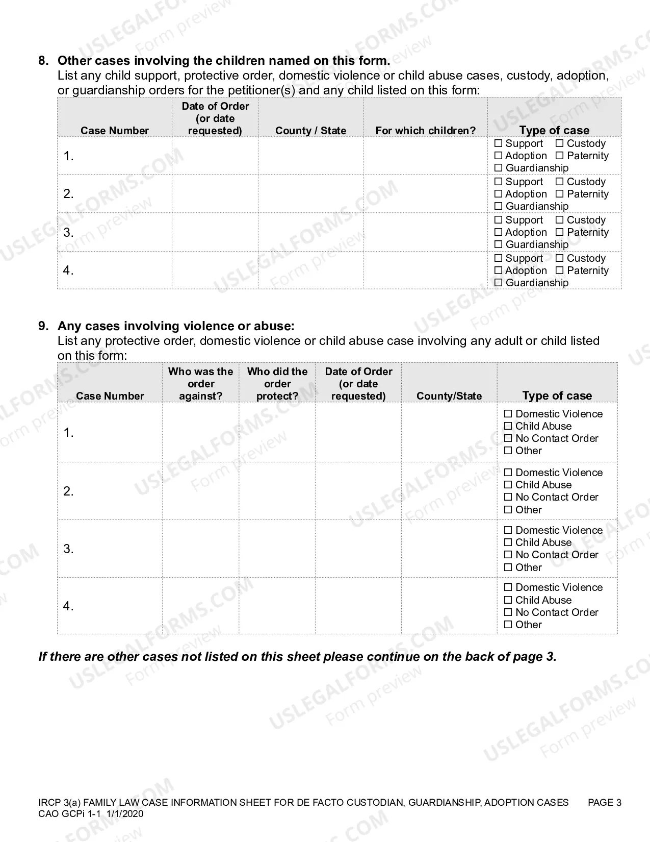 Preview Family Law Case Information Sheet De Facto Custodian