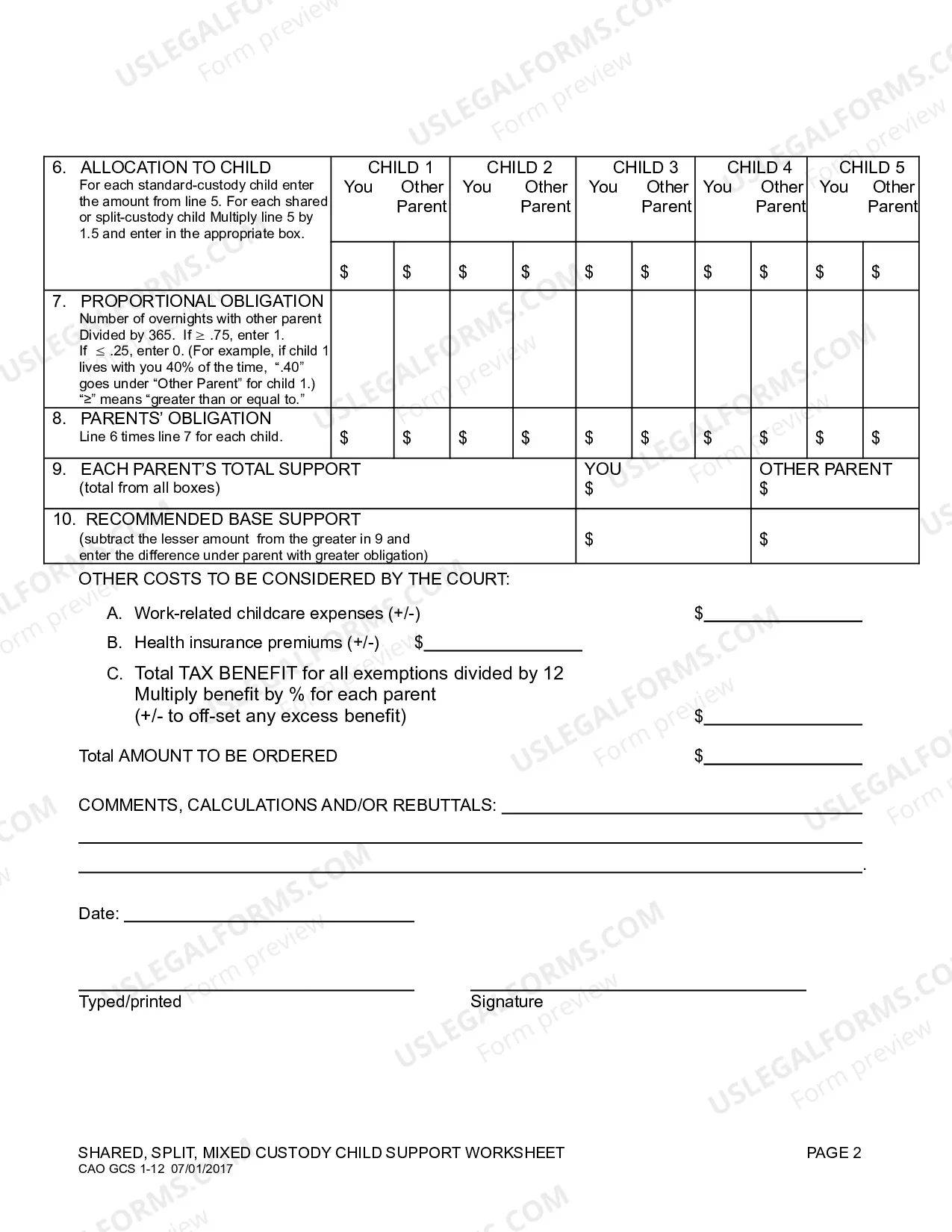 Preview Shared or Split Custody Child Support Worksheet (H&W)
