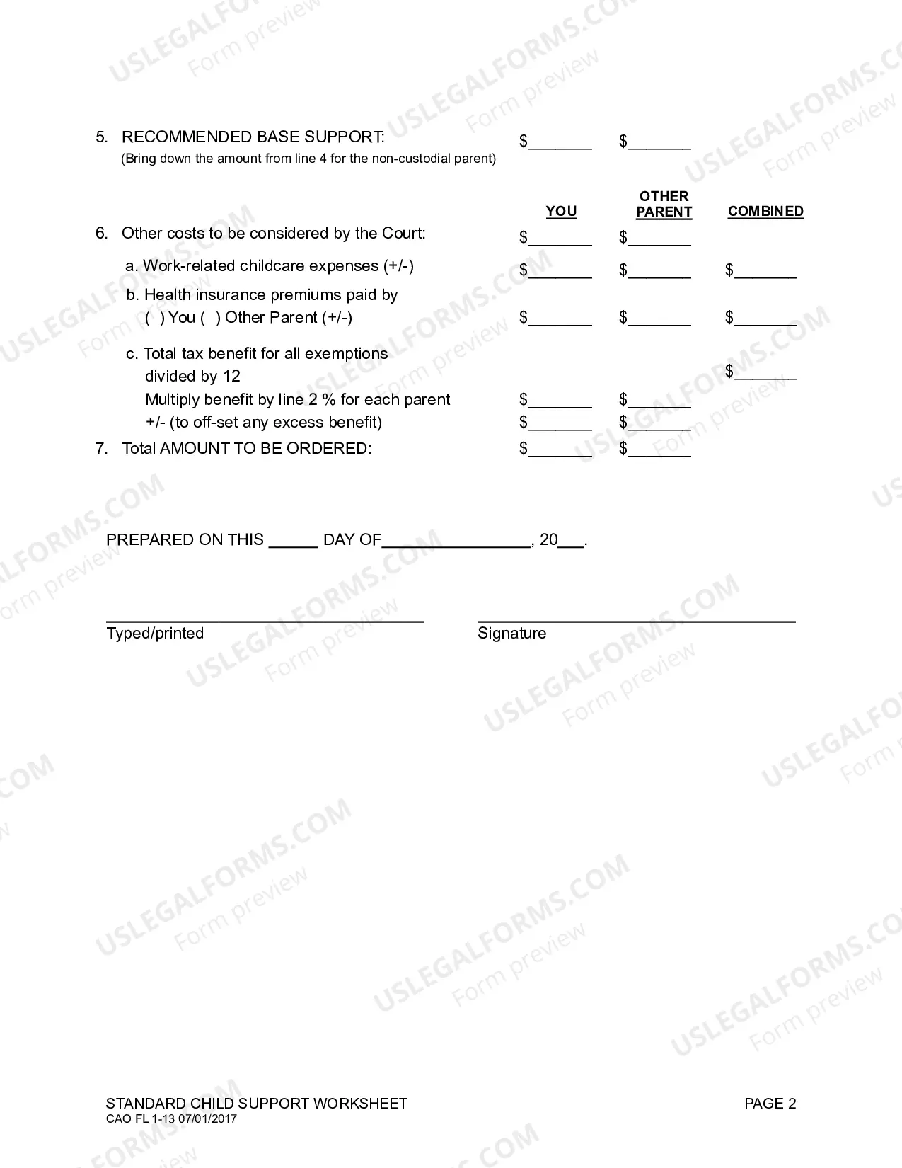Preview Standard Custody Child Support Worksheet (H&W)