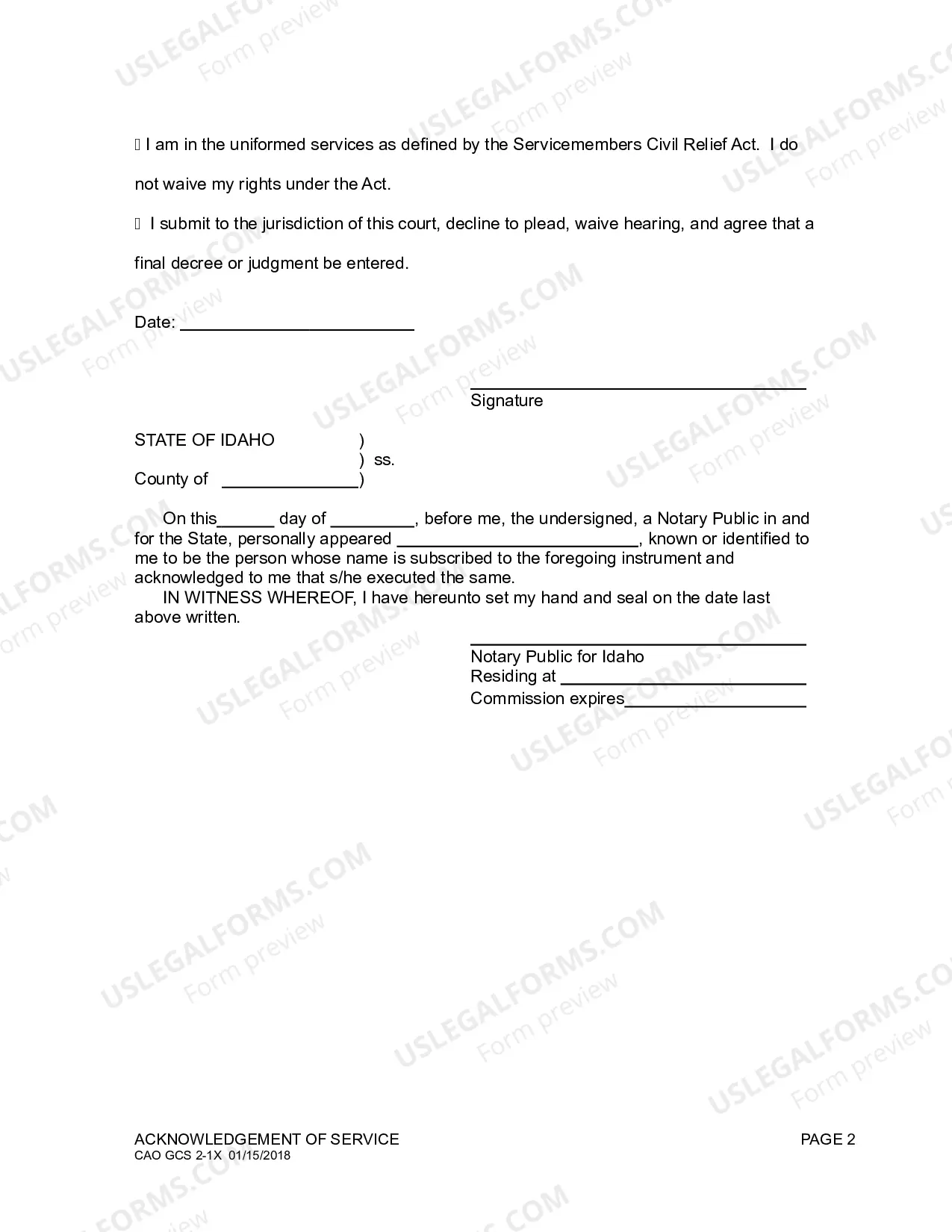 Preview Acknowledgment of Service (H&W)