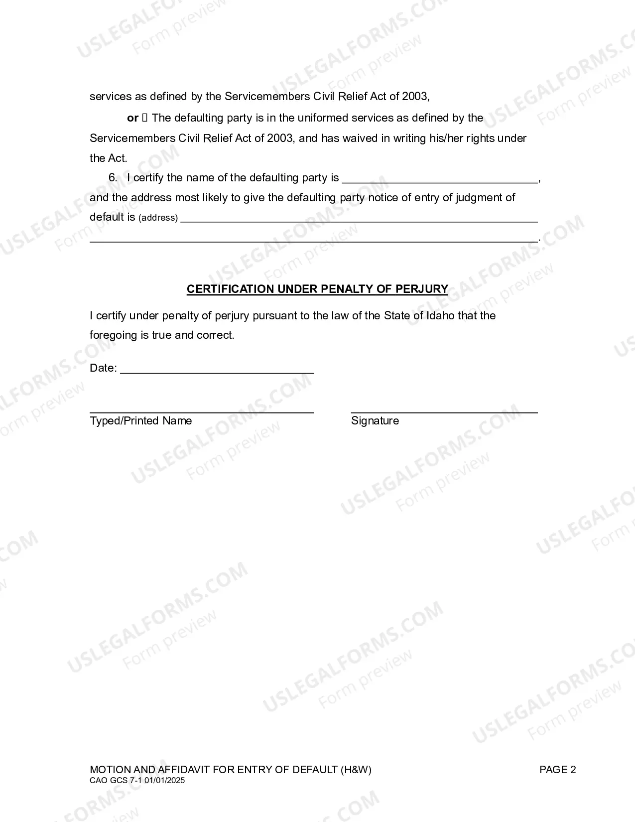 Preview Motion Affidavit Default (H&W)