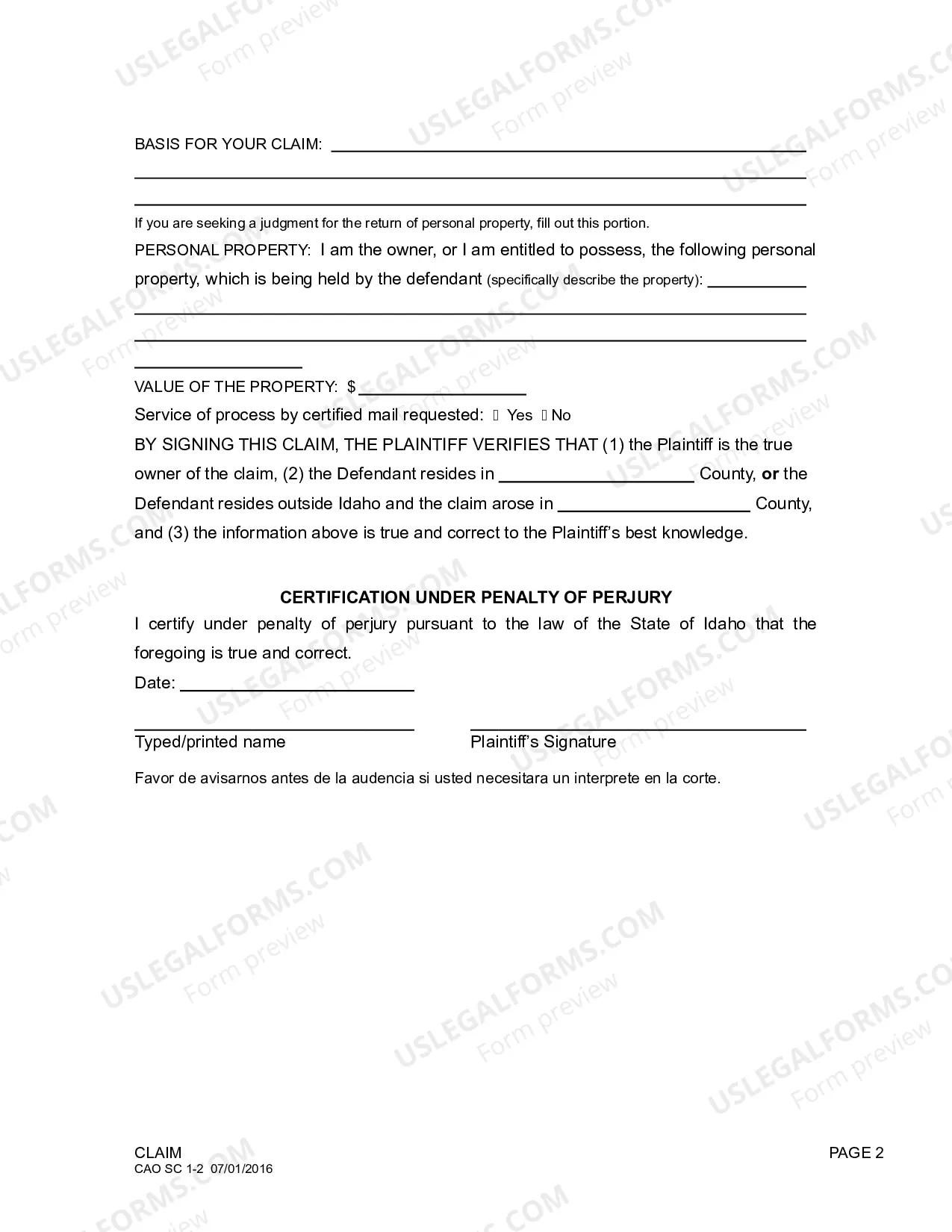 Preview Small Claims Form