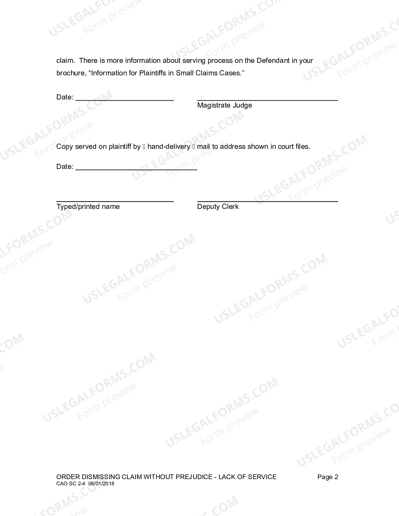 Preview Order Dismissing Claim Without Prejudice - Lack of Service
