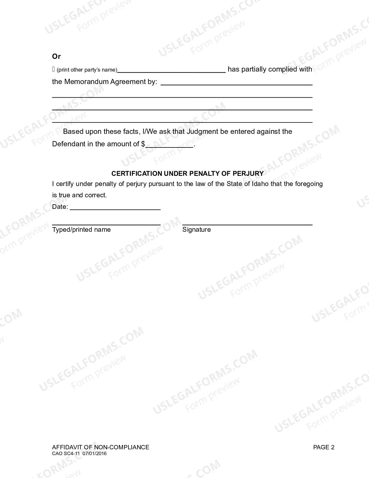 Preview Affidavit of Non-Compliance