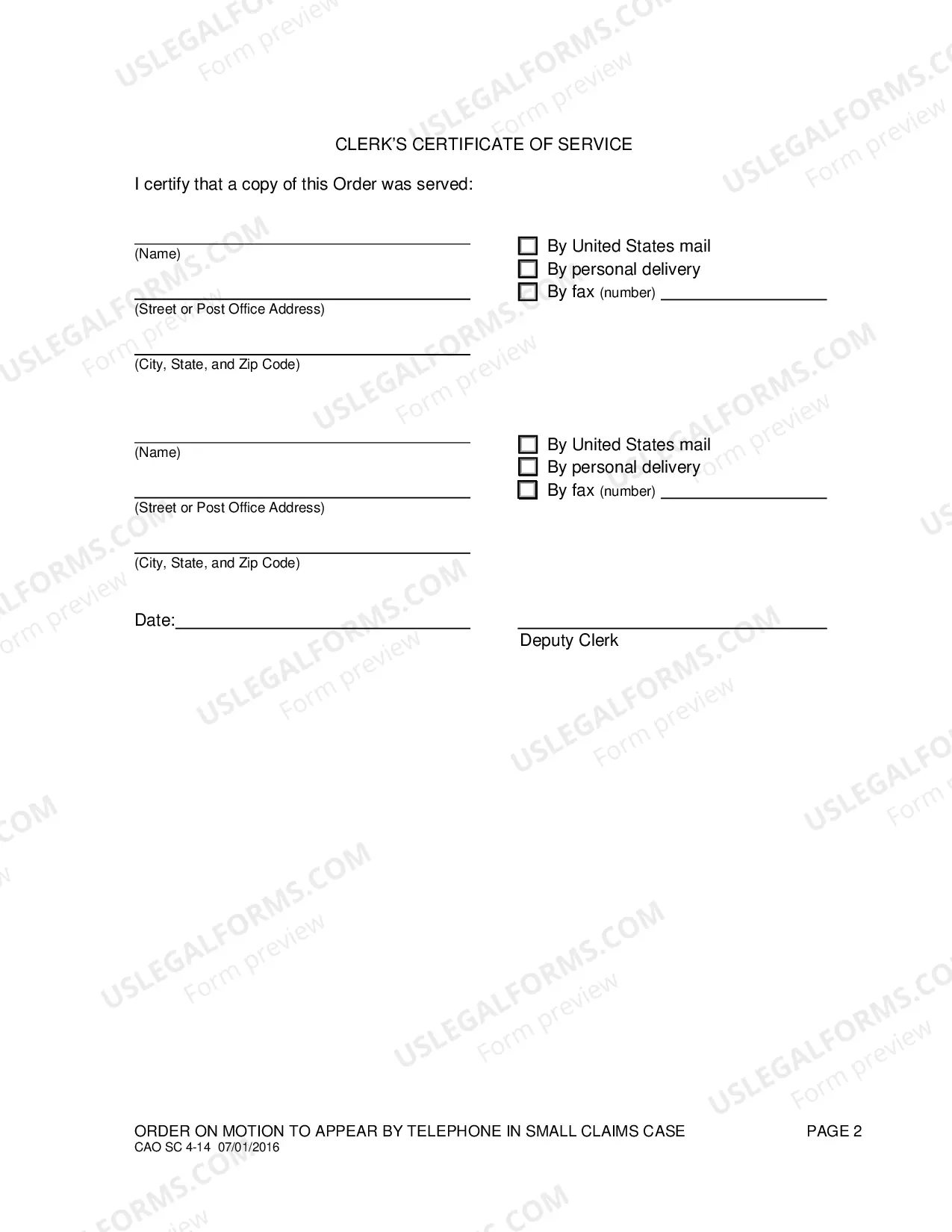 Preview Small Claims Order on Motion to Appear by Telephone