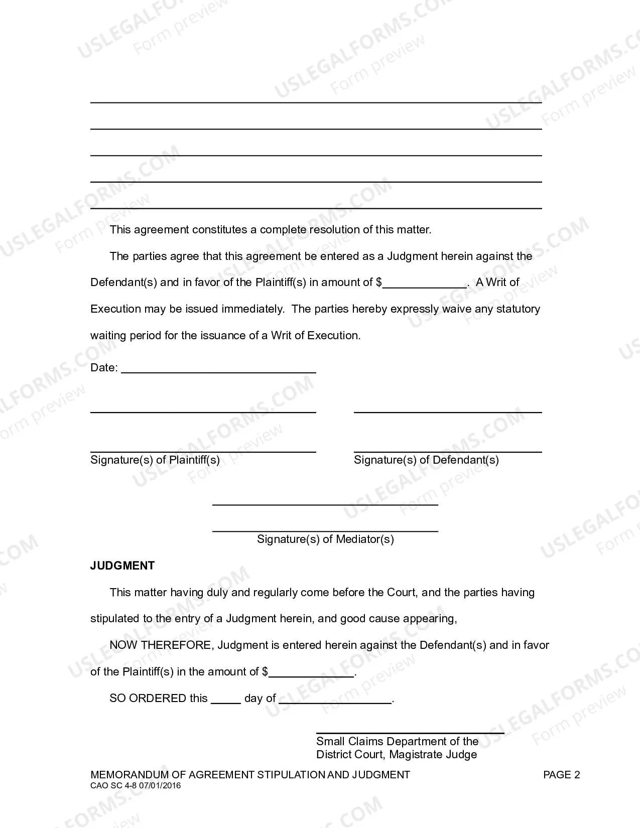 Preview Memorandum of Agreement Stipulation and Judgment