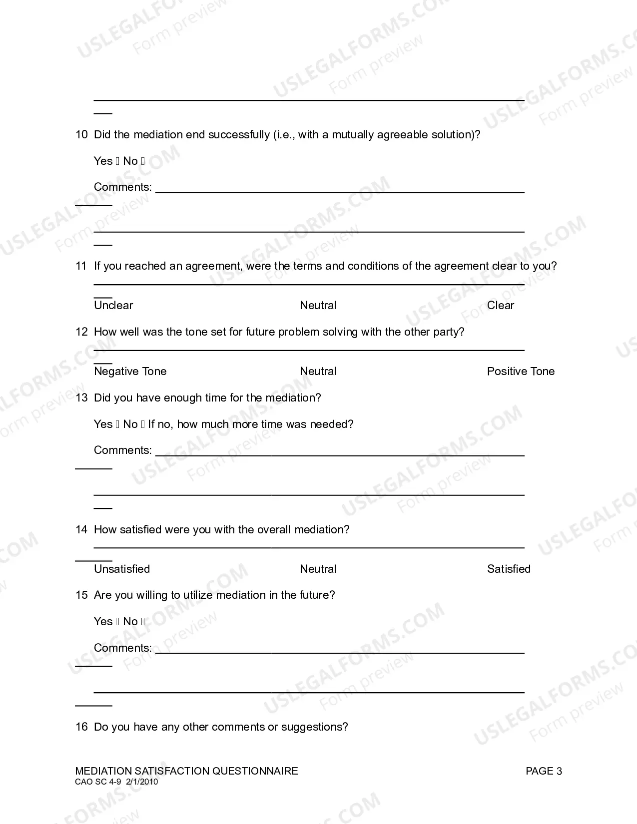 Preview Mediation Satisfaction Questionnaire