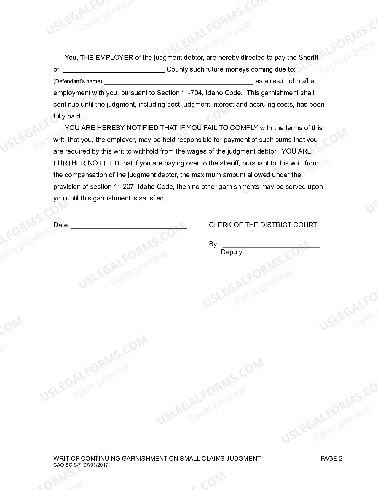 Preview Writ of Execution For Garnishment On Small Claims Judgment